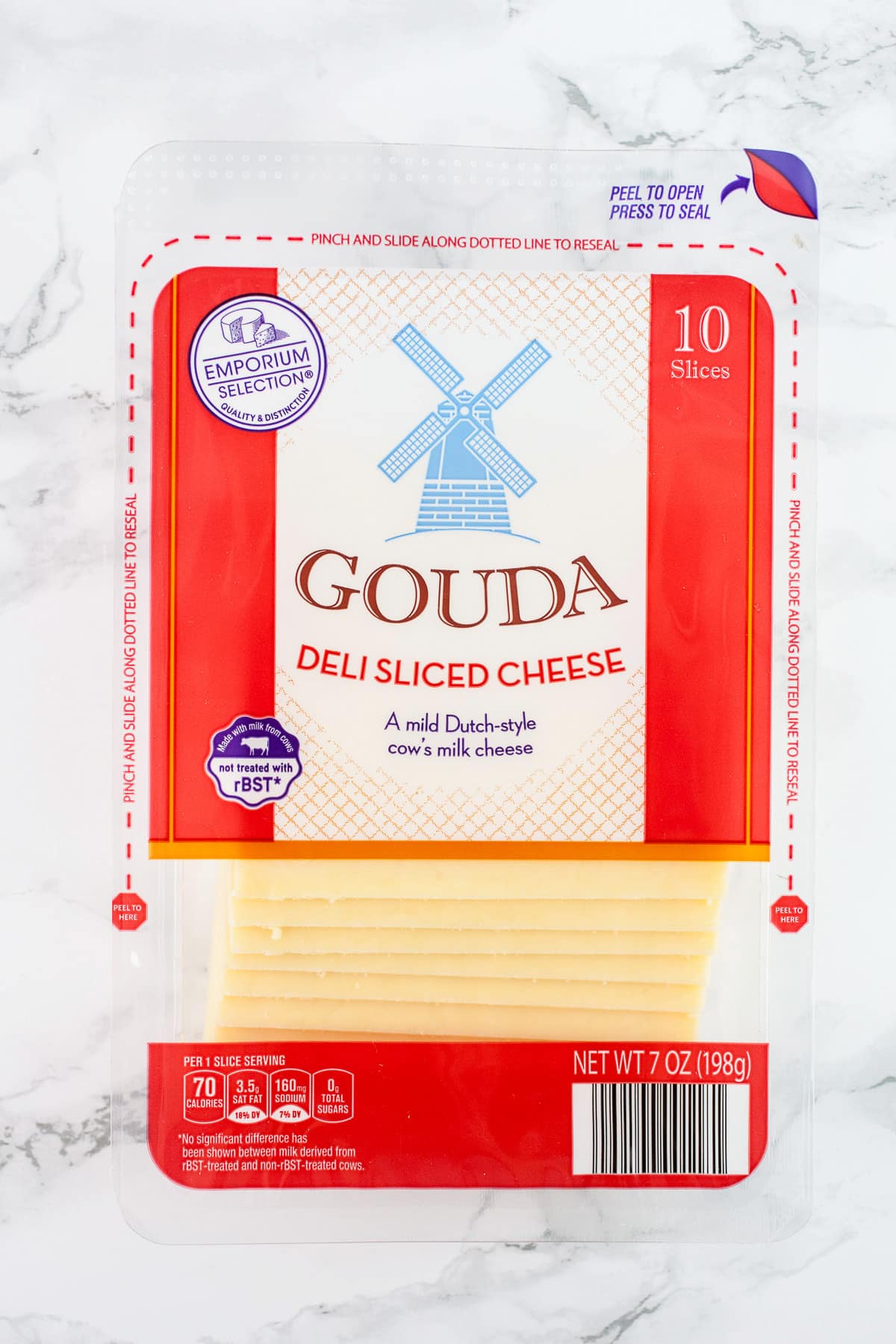 Package of sliced Gouda cheese.