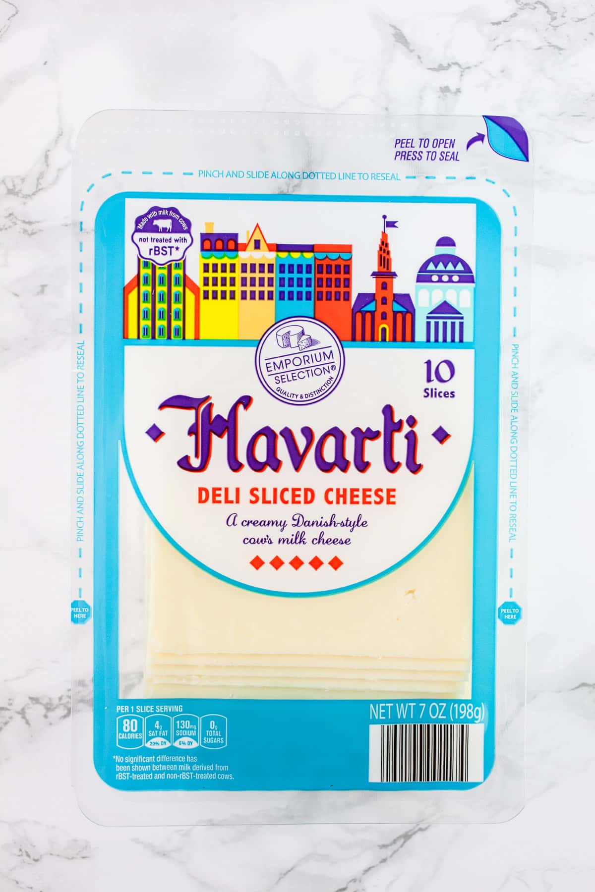 Package of sliced Havarti cheese.