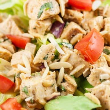 Lemon tarragon chicken salad with slivered almonds, diced tomatoes, and lettuce.