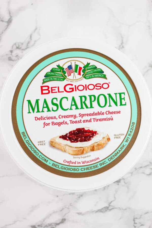 Unopened package of mascarpone cheese.
