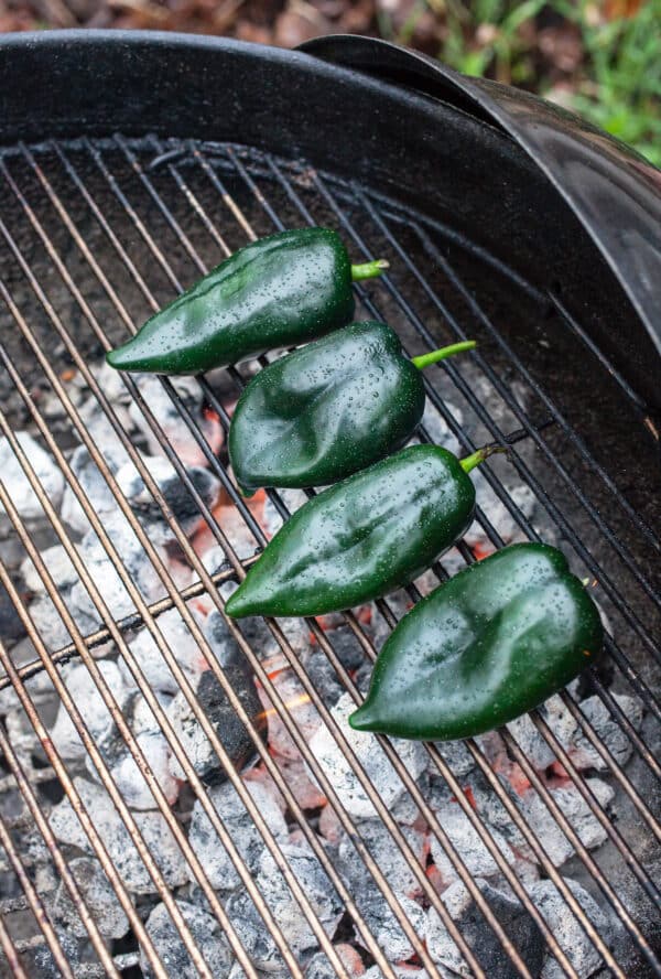 Poblano peppers on charcoal grill.
