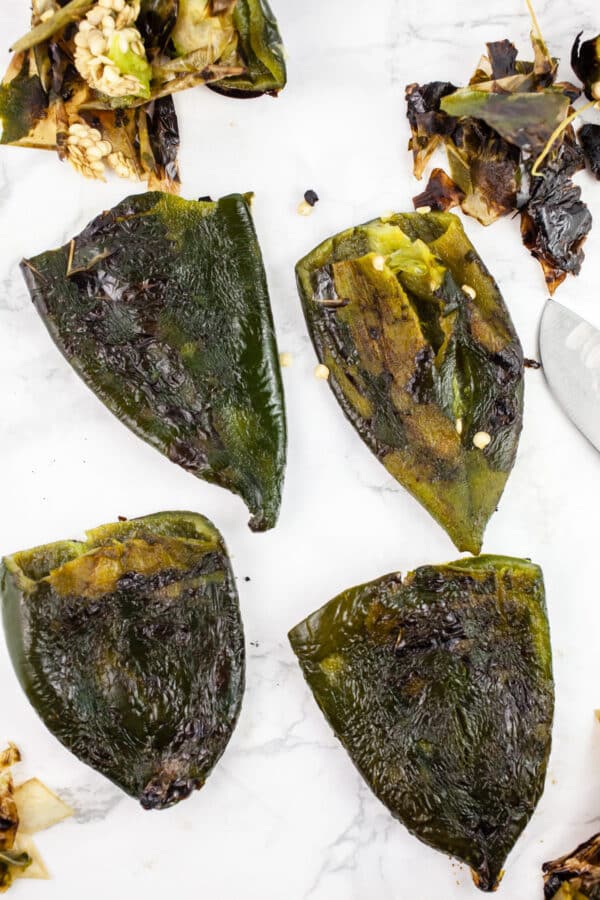 Roasted poblano peppers with skins and membranes removed.
