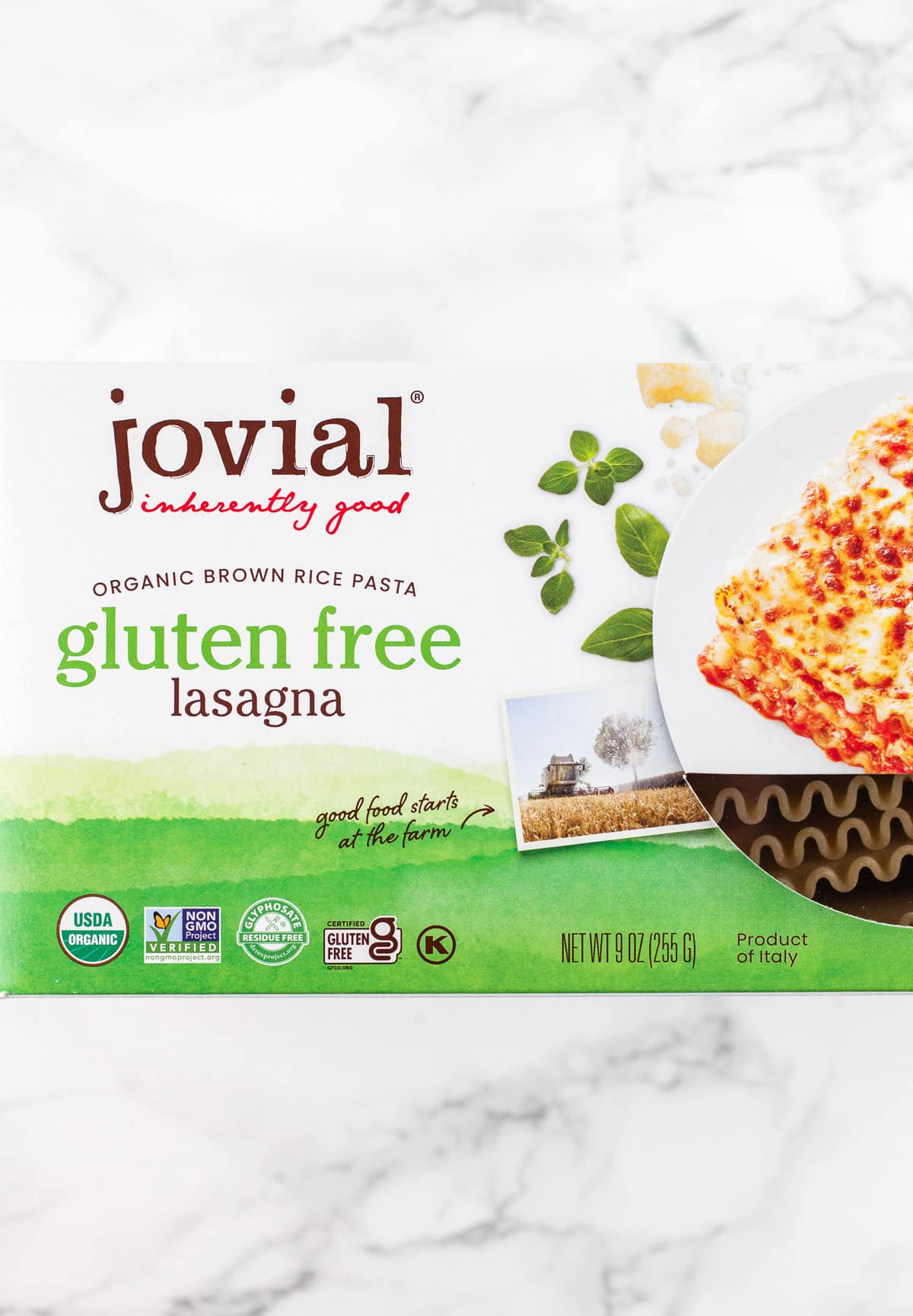 Unopened box of Jovial gluten free lasagna noodles.