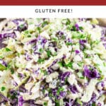 Blue cheese coleslaw garnished with minced chives in ceramic bowl.