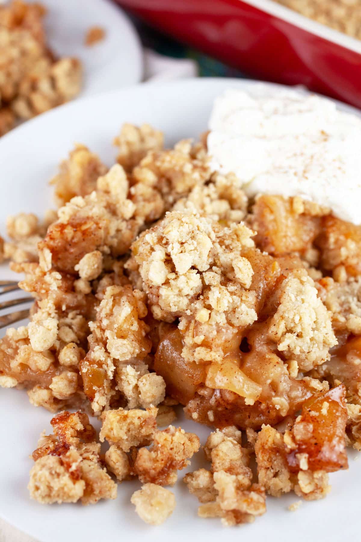This Gluten Free Apple Crisp is based on Ina Garten's Old Fashioned Apple Crisp recipe. It's easy to make, full of apples, and topped with a buttery streusel topping. The streusel is made with oats. It's flavored with cinnamon and nutmeg and infused with citrus. This fall dessert is perfect for Thanksgiving or Christmas! #apple #crisp #thanksgiving #glutenfree Gluten free apple crisp with whipped cream on white plate with fork.