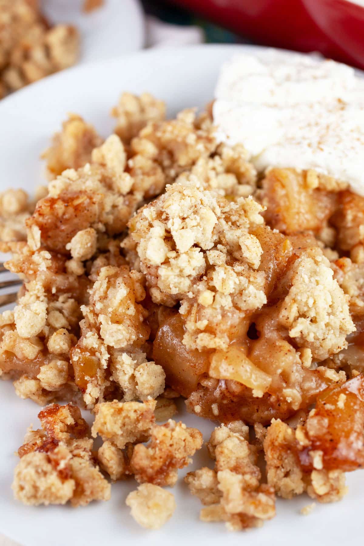 Gluten free apple crisp with whipped cream on white plate.