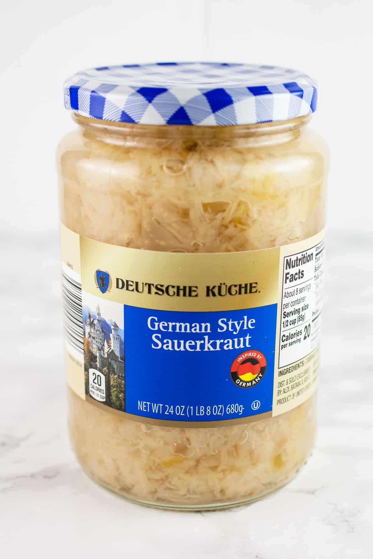 Unopened glass jar of German sauerkraut.
