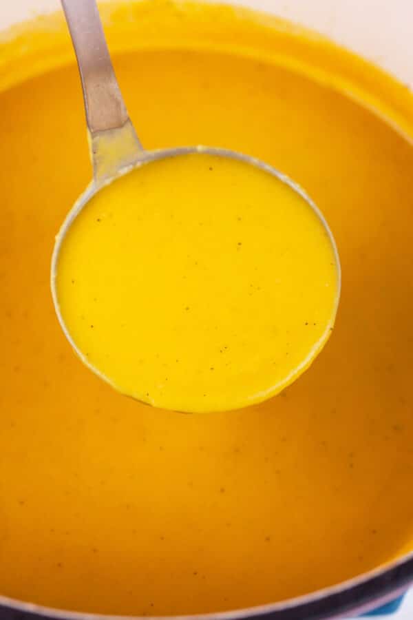 Scoop of pureed butternut squash soup lifted from Dutch oven using metal ladle.