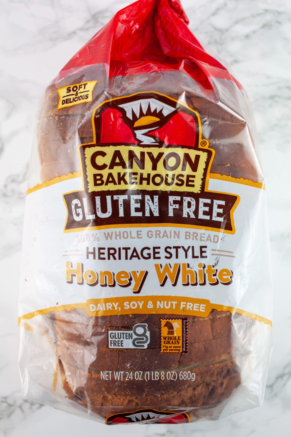 Unopened bag of Canyon Bakehouse gluten free bread.