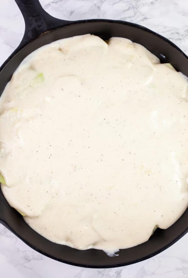 Gratin with cheese sauce in cast iron skillet