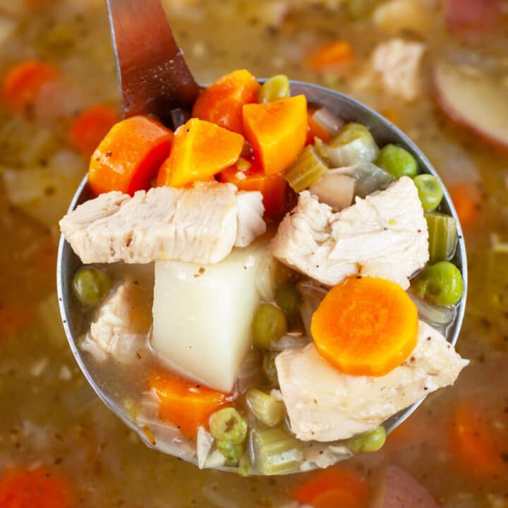 Scoop of turkey stew lifted from Dutch oven on metal ladle.