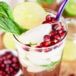 Pomegranate mojito cocktail garnished with fresh mint, lime wheel, and pomegranate seeds.
