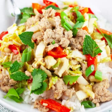 Ground chicken rice bowl garnished with fresh mint and cilantro.