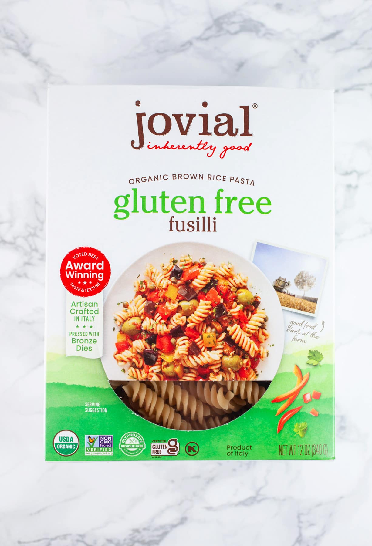 Unopened box of Jovial gluten free fusilli pasta.