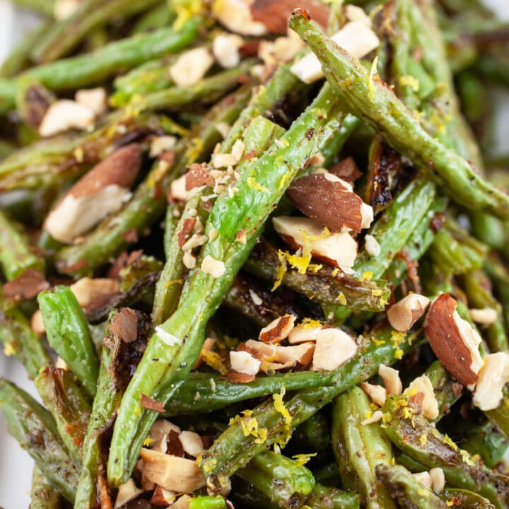 Garlic roasted green beans with toasted almonds and lemon zest.