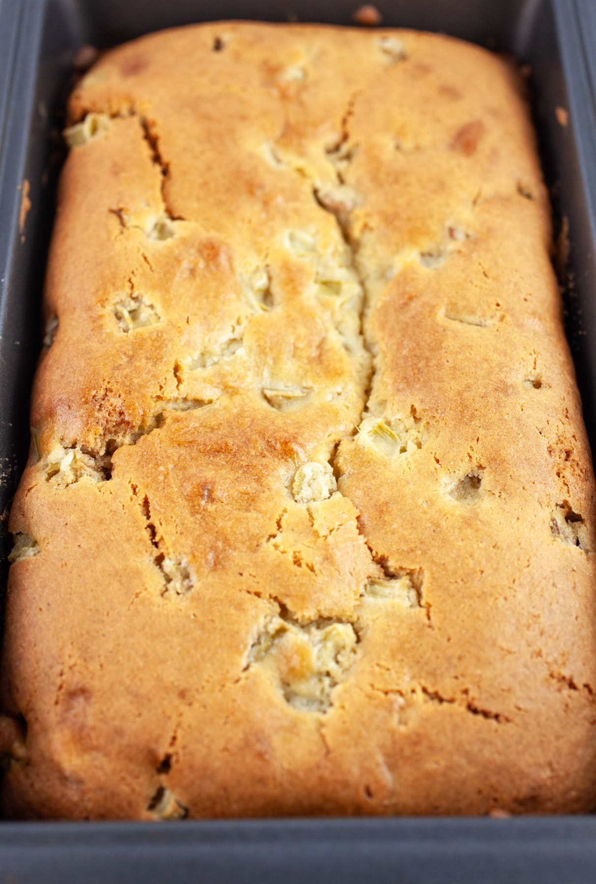 Baked rhubarb bread in metal bread pan.