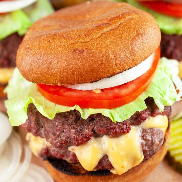 Grilled Juicy Lucy burger on bun with lettuce, tomato, and onion.