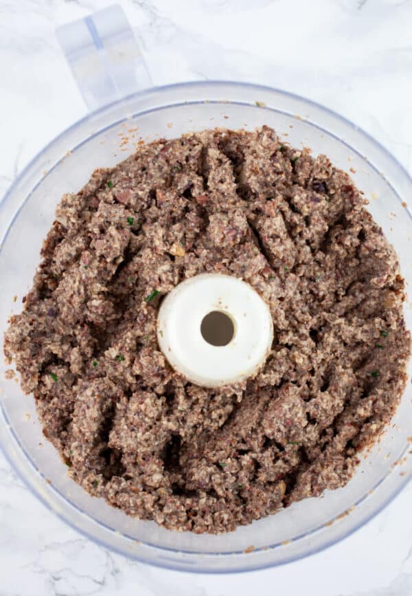 Mushroom olive tapenade in food processor.