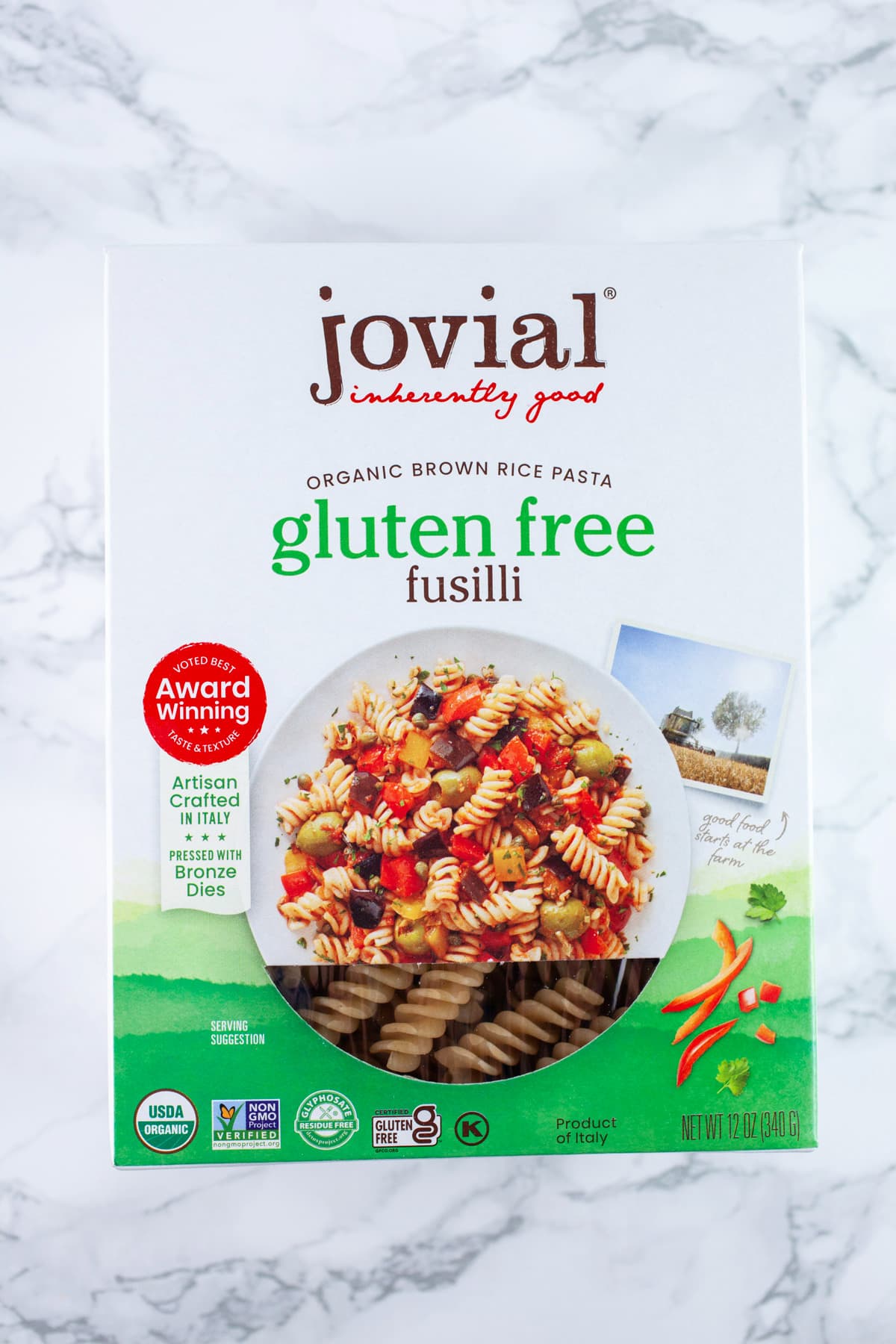 Unopened box of Jovial gluten free fusilli pasta.
