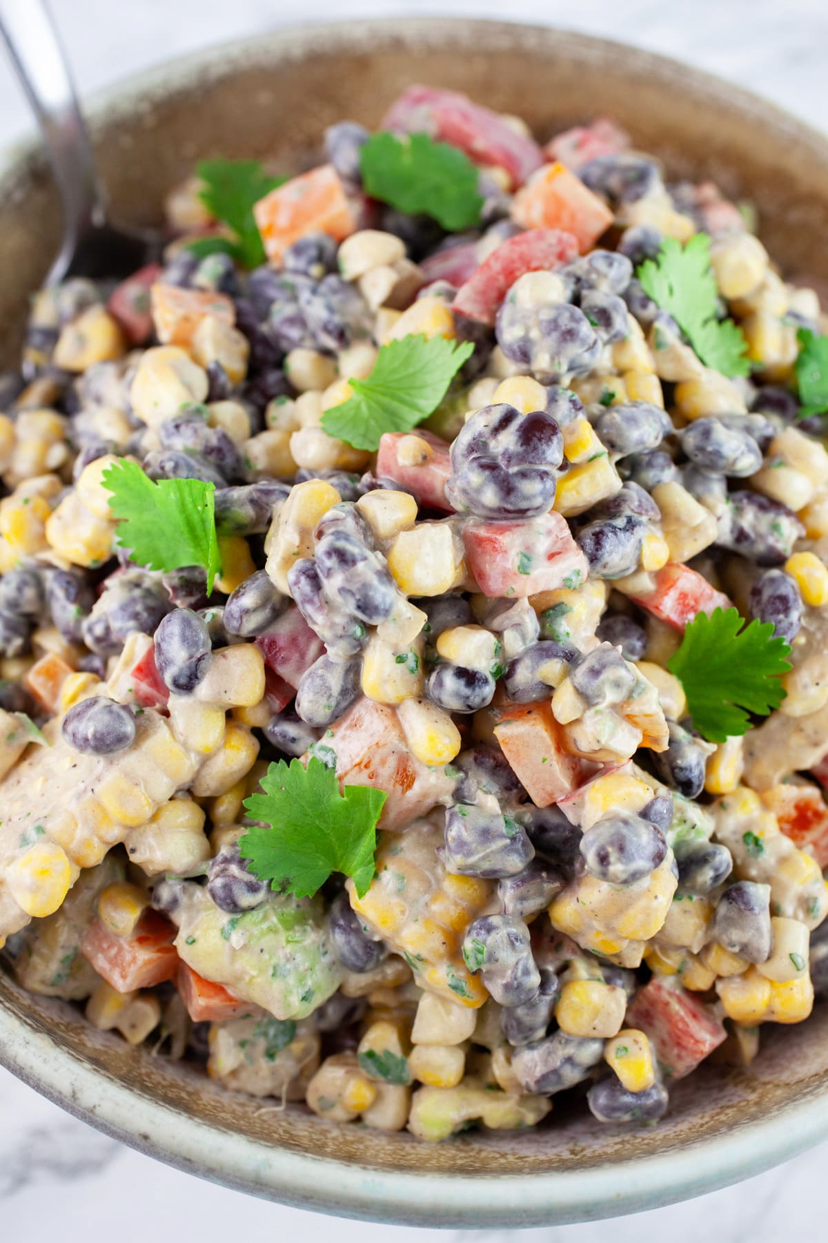 #ad This Southwest Black Bean and Corn Salad is easy to make, healthy, and fresh! It's great for summer parties and potlucks. It works as a salad, side dish, appetizer, or as a topping for burritos or tacos. It's made with a refreshing sour cream cilantro lime dressing. The Mexican flavors in this salad recipe are perfect for summer! @kempscows #southwest #salad #blackbeans #corn #cilantro #lime #sourcream Black bean corn salad garnished with fresh cilantro in ceramic bowl with spoon.