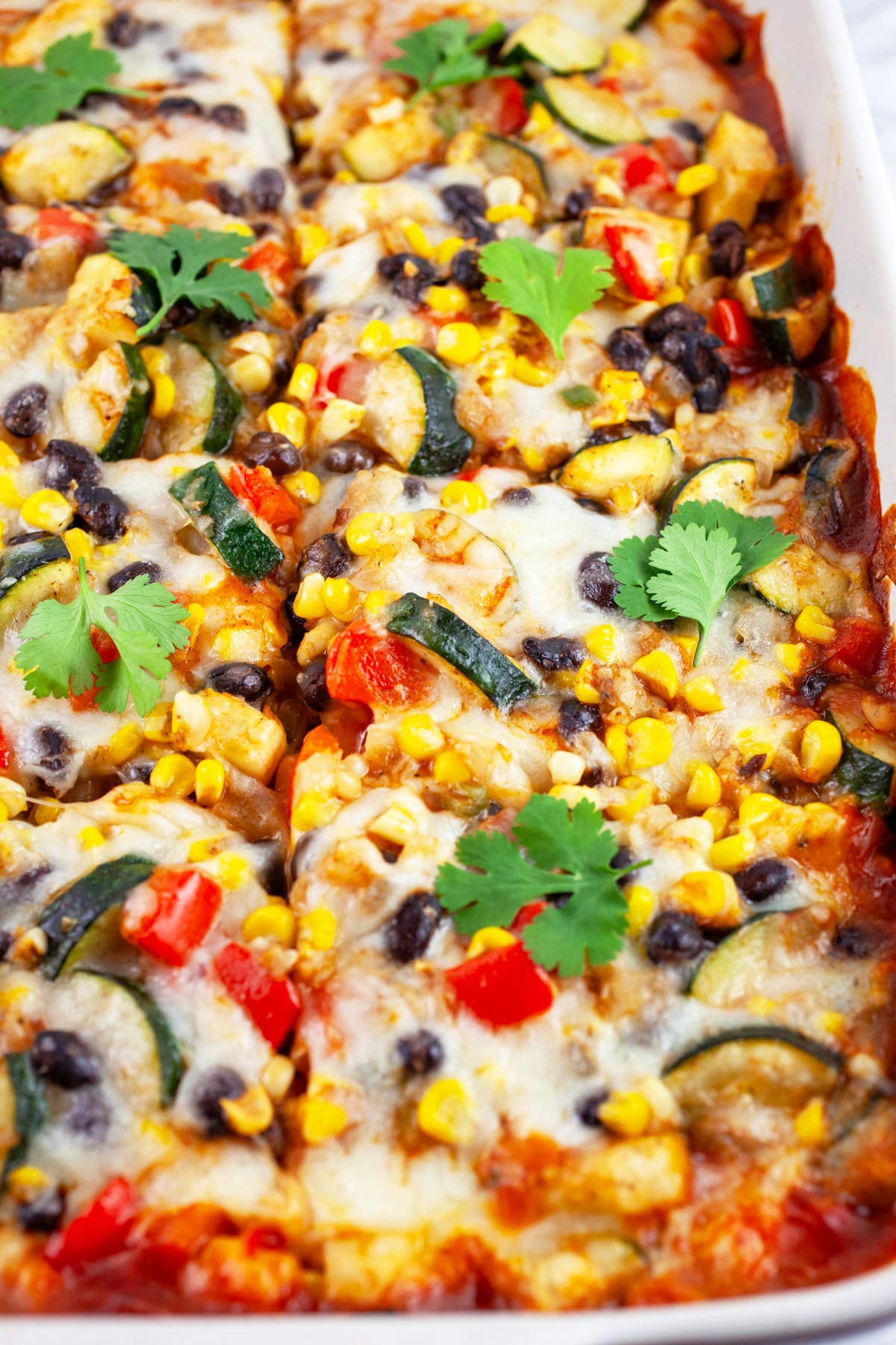 Baked vegetarian enchilada casserole in ceramic baking dish garnished with fresh cilantro.