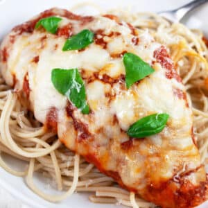 Gluten free chicken Parmesan with spaghetti noodles garnished with fresh basil.