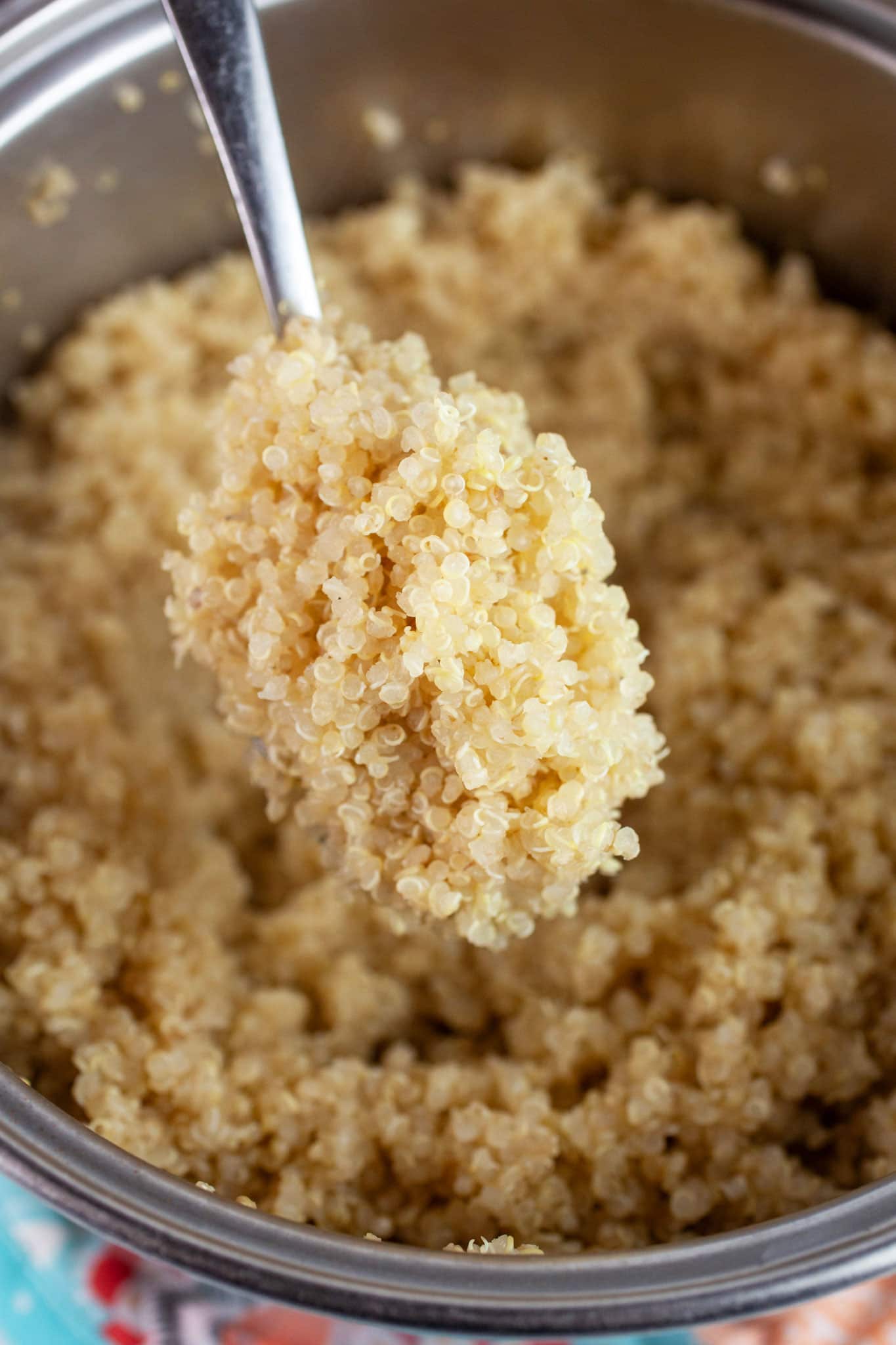 Spoonful of cooked quinoa lifted from small pan.