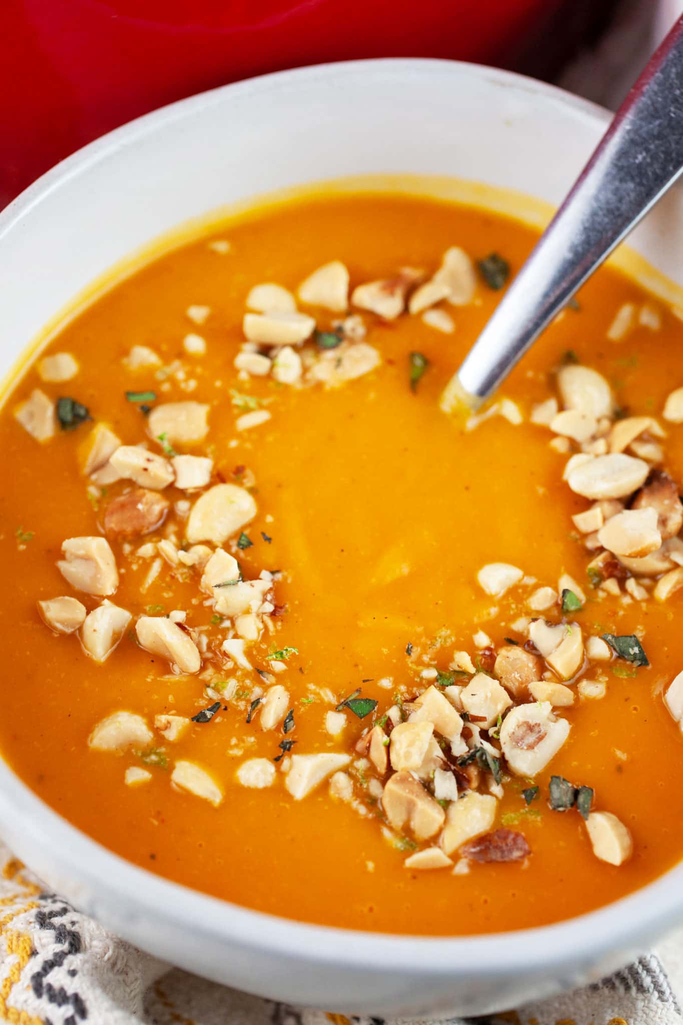 Curried butternut squash soup with peanut topping in white bowl with spoon.