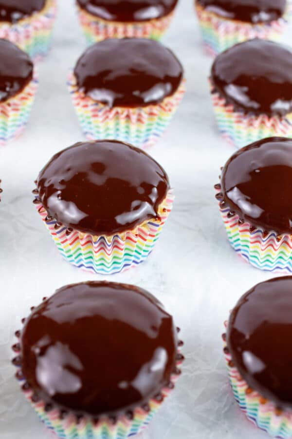 Chocolate chip cupcakes topped with chocolate ganache.