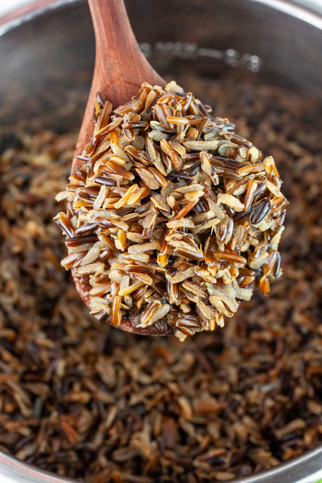 Cooked wild rice lifted from Instant Pot on wooden spoon.