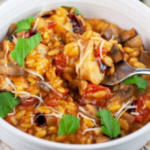 Chicken mushroom tomato pasta garnished with fresh basil and balsamic glaze in white bowl with fork.