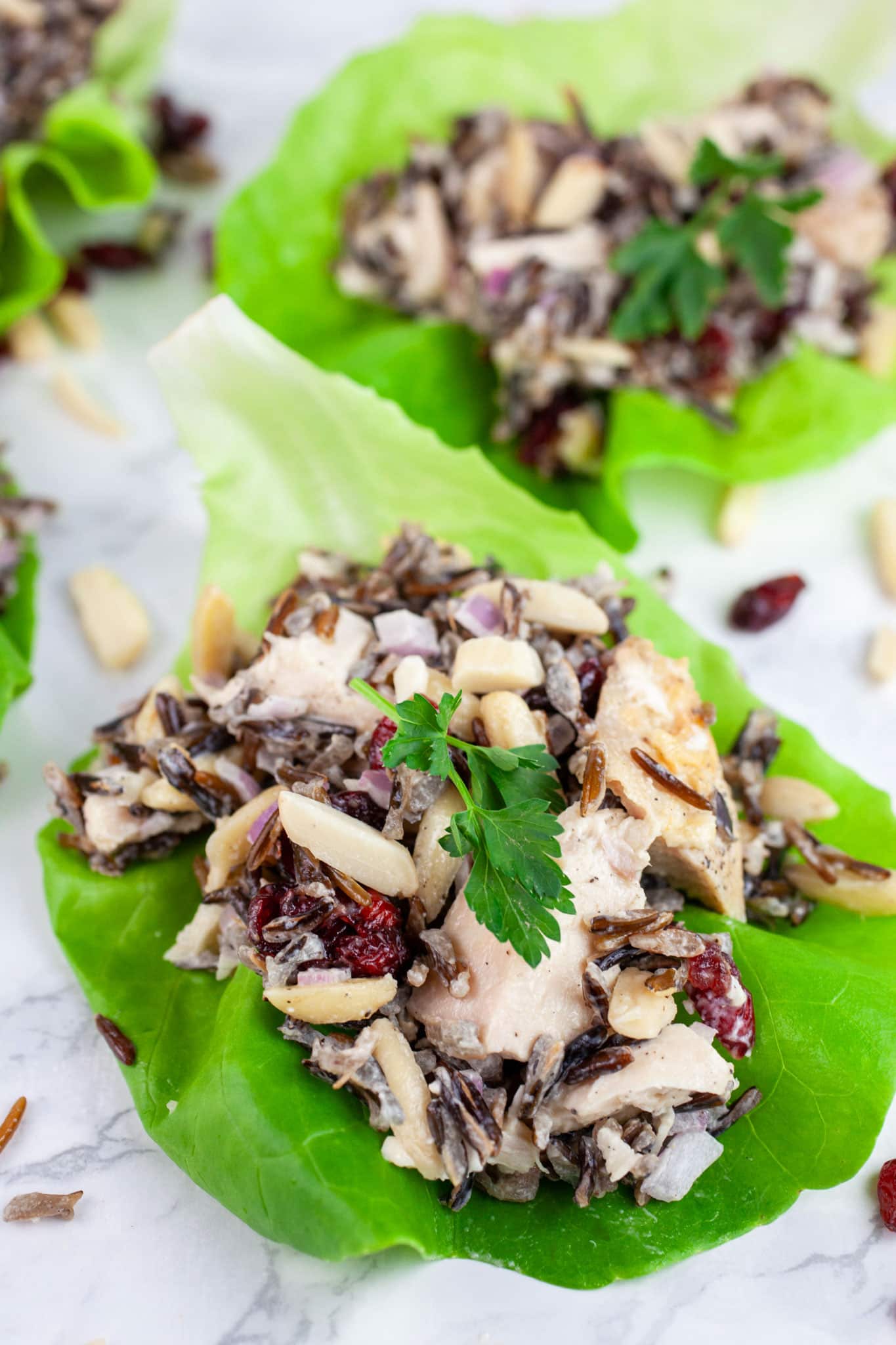 Wild rice chicken salad with cranberries, almonds, and parsley in lettuce cups.