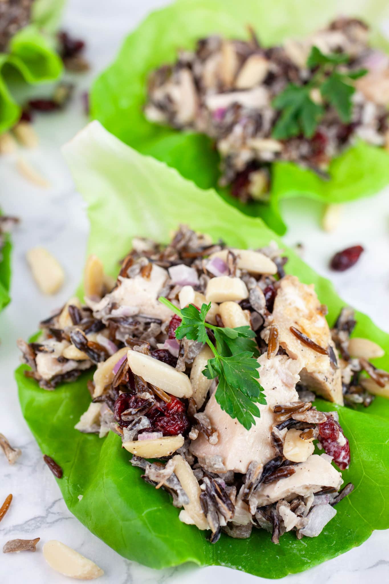Chicken wild rice salad with cranberries, almonds, and parsley in lettuce cups.