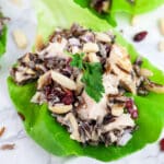 Wild rice chicken salad with cranberries, almonds, and parsley in lettuce cups.