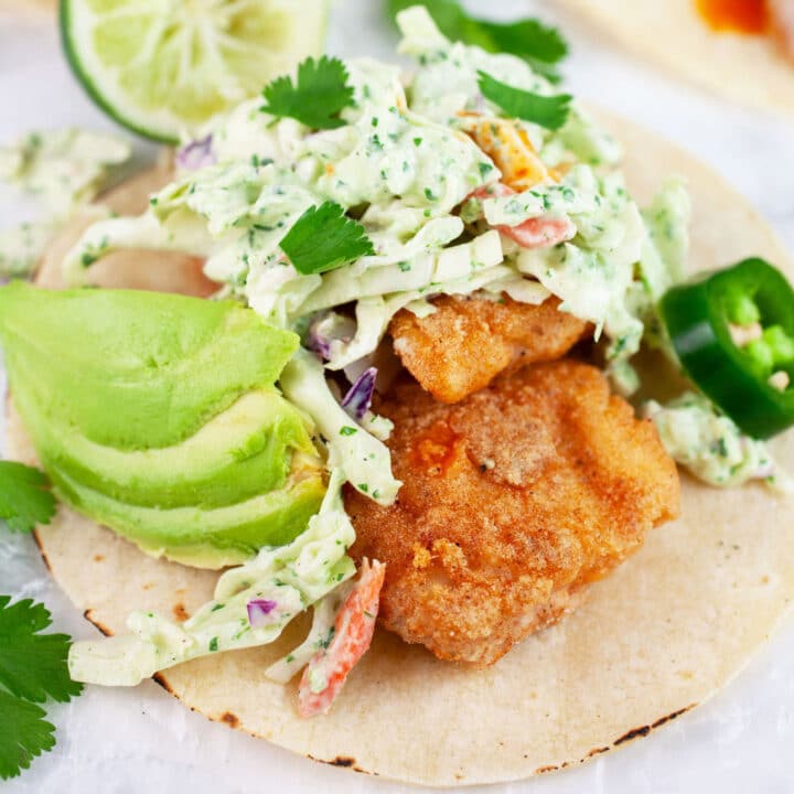 Fish tacos with cilantro lime slaw, avocadoes, cilantro, jalapenos, and lime on corn tortilla.