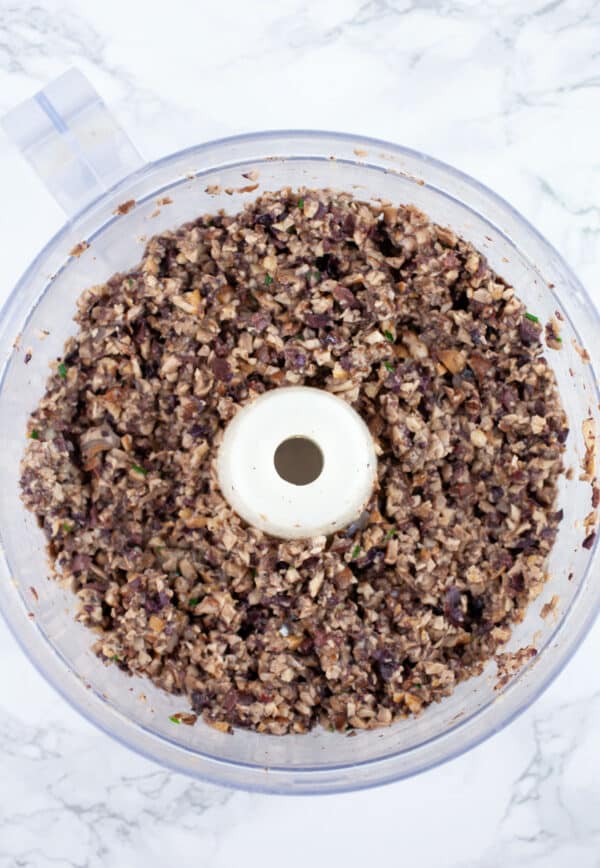 Pulsed mushroom tapenade in food processor.