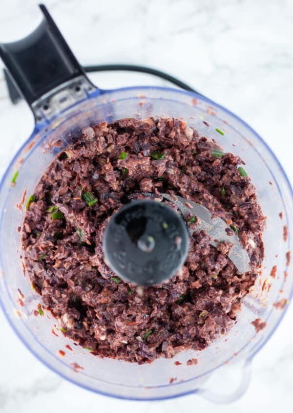Kalamata olive tapenade pulsed in food processor.