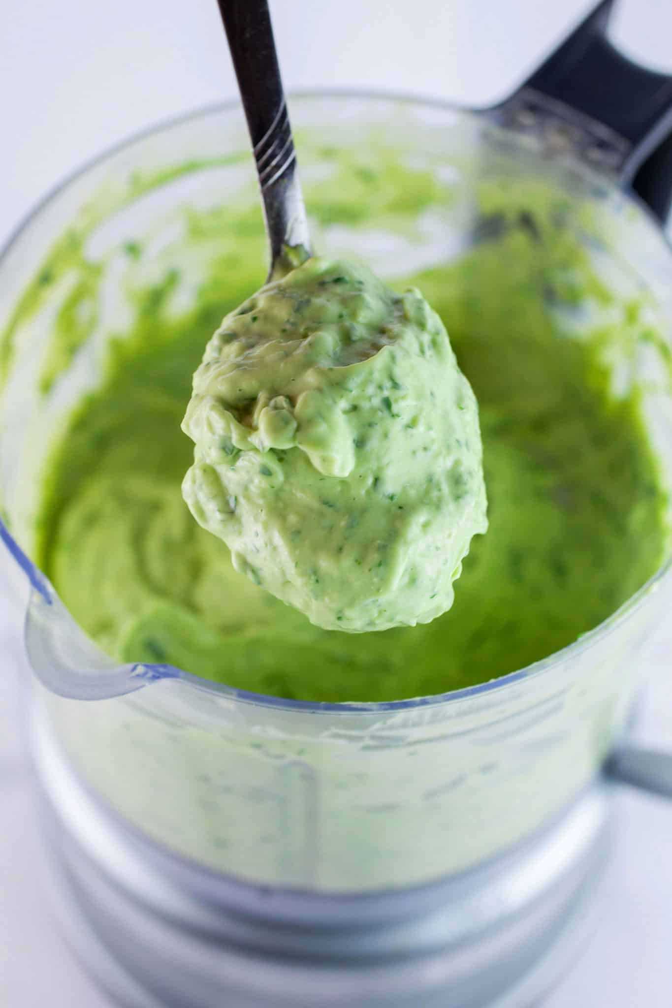 Spoonful of avocado sauce lifted from food processor.