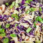 Asian cabbage slaw in ceramic bowl garnished with green onions and sesame seeds.