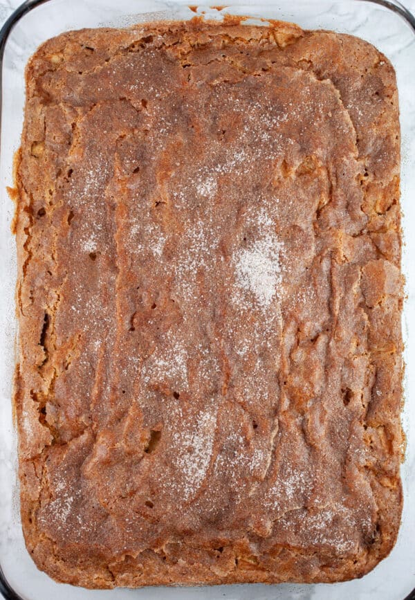 Baked apple cake with cinnamon sugar topping in glass baking dish.