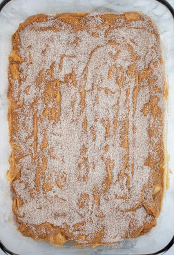 Unbaked apple cake with cinnamon sugar topping in glass baking dish.