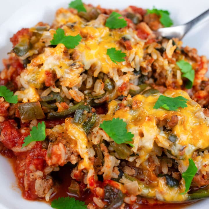 Turkey stuffed poblano peppers in tomato sauce topped with cheese and fresh cilantro in white bowl with fork.
